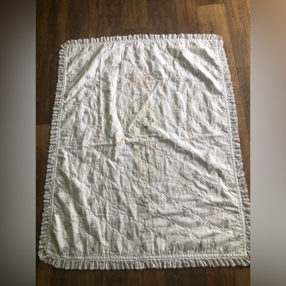 Vintage Precious Moments Baby Bunny Girls Bow Quilt Blanket 36x45 Ruffles